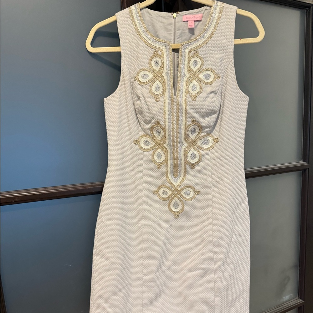 Lilly Pulitzer Mila Seaside Grey Mixed Metal Soutache Shift Dress Size 2